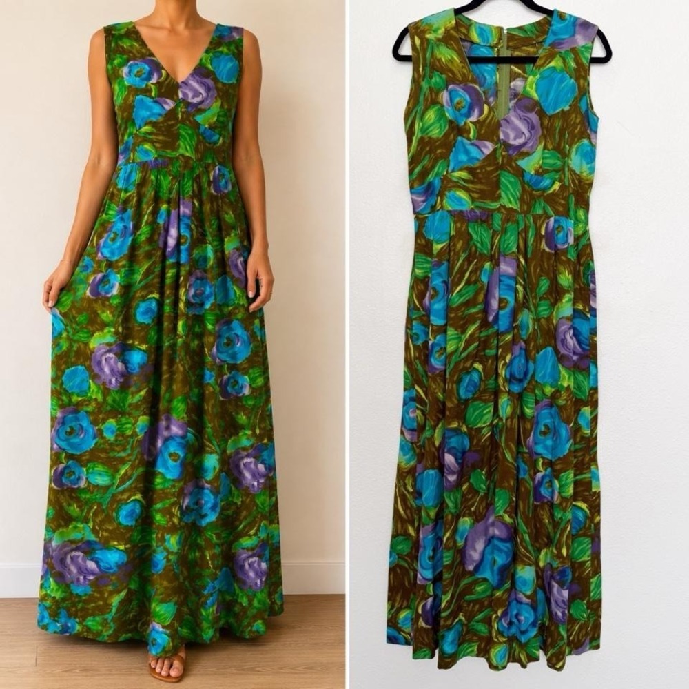Vintage 70s Psychedelic Floral Maxi Dress Blue Green Boho Goddess Gown